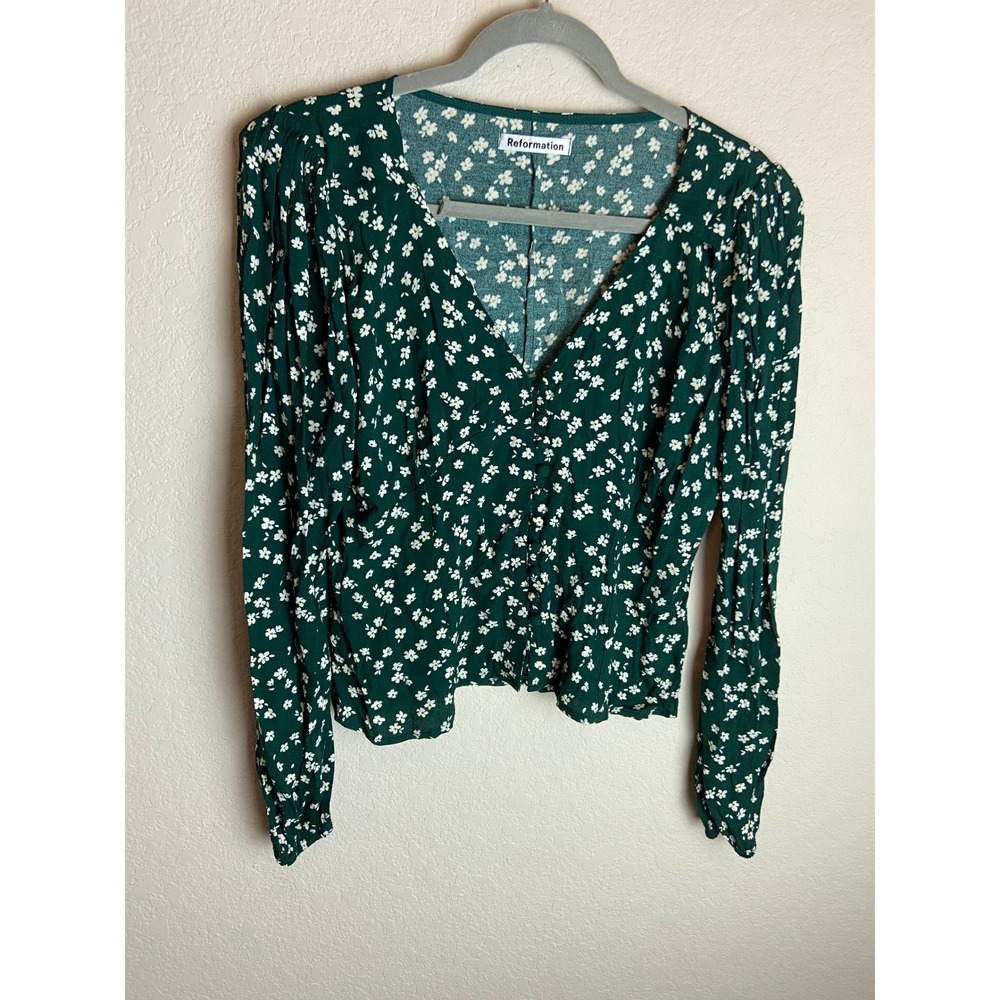 Reformation Nell Floral Blouse Long Sleeve Button Front Green Cottagecore Top XL